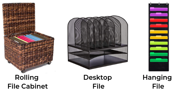 3 different types of filing systems: rolling file cabinet, desktop file system and hanging file system