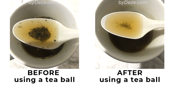 A comparison of a cup of FertiliTea before and after using a tea ball strainer