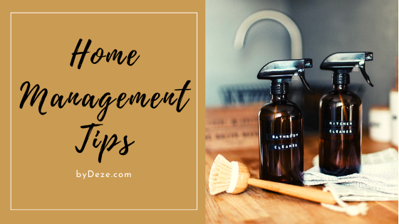 home management tips header with spray bottles and a brush