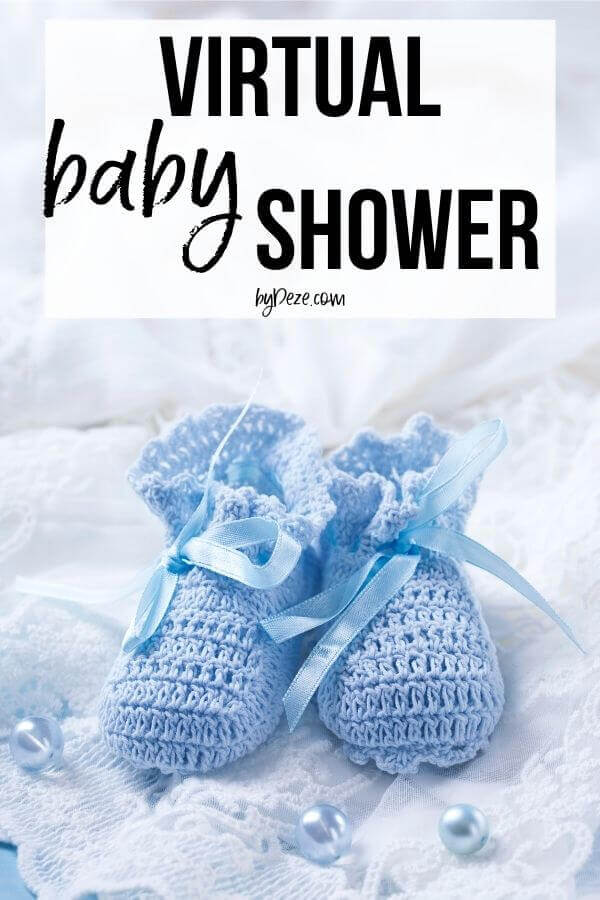 virtual baby shower overlaid on blue knitted baby shoes