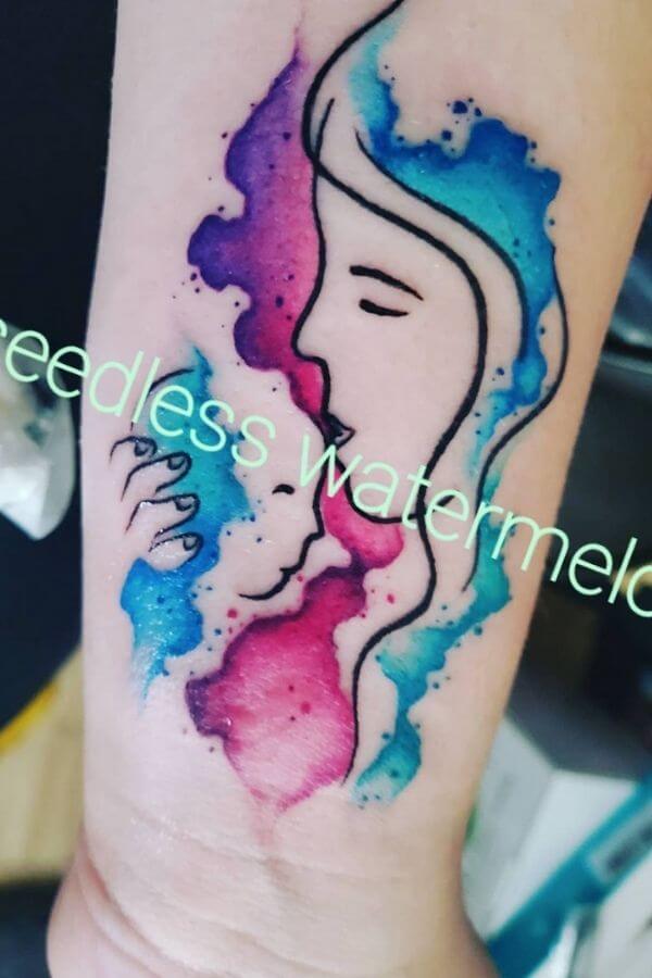 mother and baby tattoo in watercolor