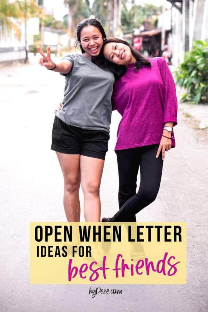 two asian girl BFFs showing the peace sign - post says open when letters for best friends