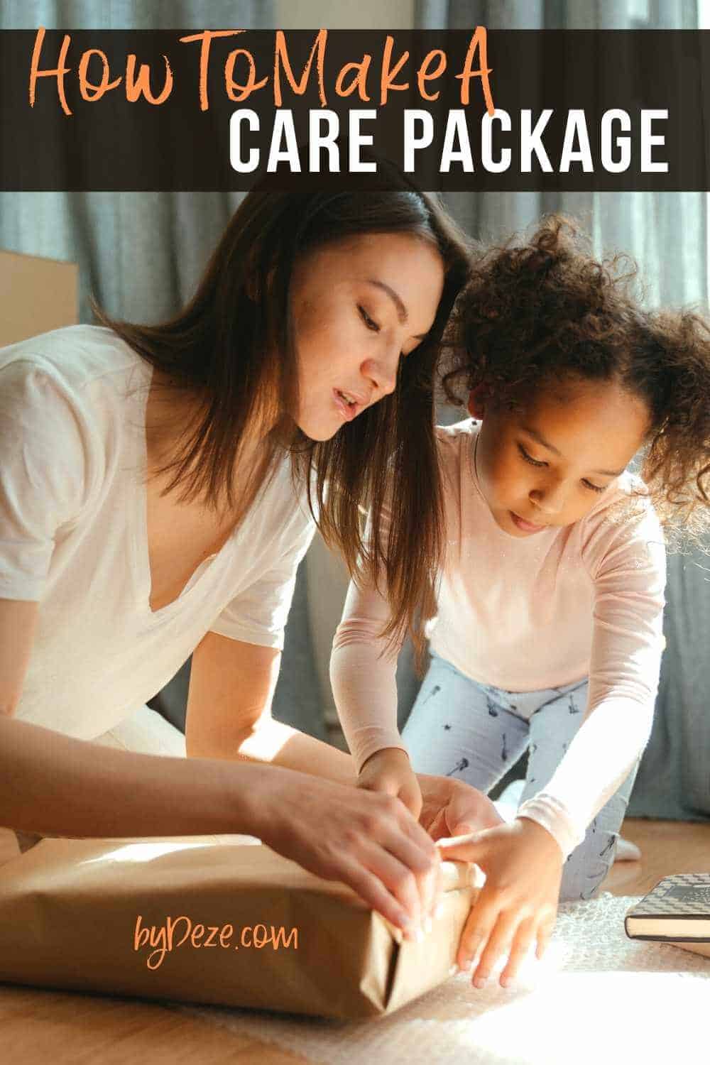 how to make a care package - mother and daughter wrapping a gift package together