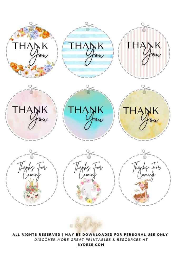 9 round printable baby shower "thank you" gift tags with baby animals and watercolor
