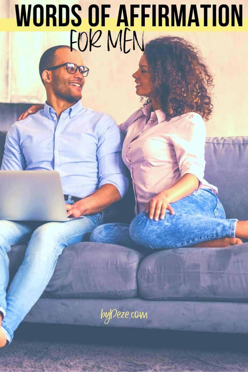 husband and wife on couch - "words of affirmation for men"