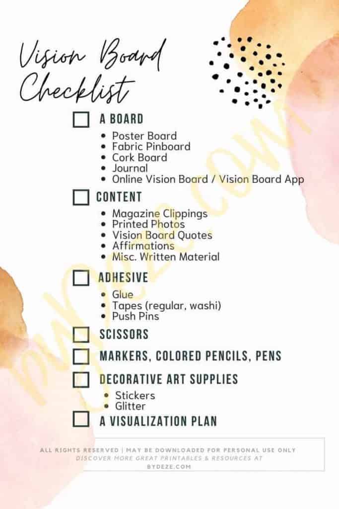 printable vision board checklist of materials