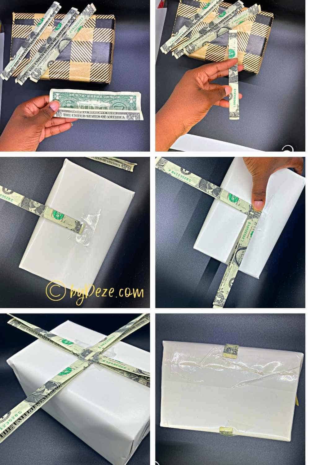 step by step folding cash into a gift bow
