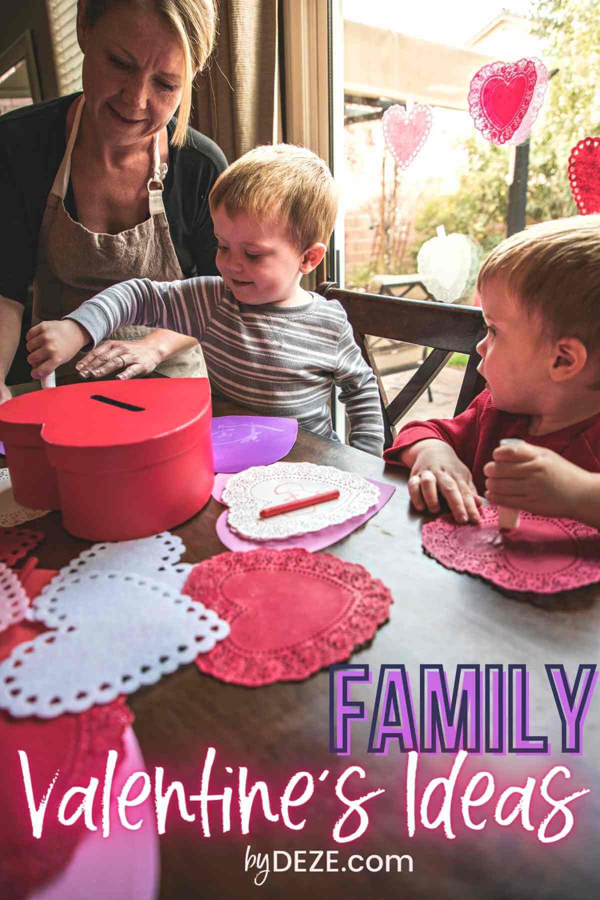 grandma and grandkids making valentine's day boxes