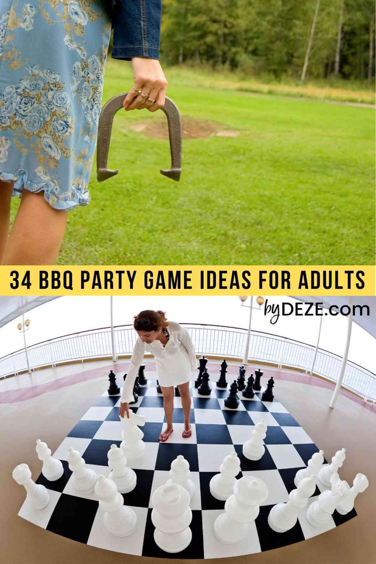 guests playing horseshoes and giant chess